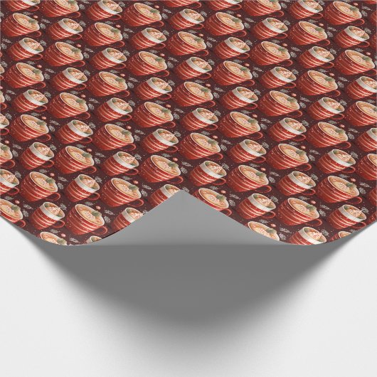 Kerst koffiebekers op donkerrood cadeaupapier (Hoek)
