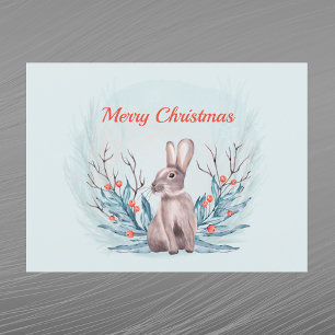 Kerst Konijn Bessen Watercolor Feestdagenkaart