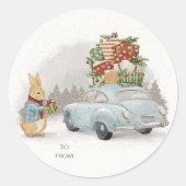 Kerst Konijn Peter en Auto Ronde Sticker (Voorkant)