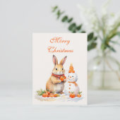 Kerst konijntje sneeuwpop wortelen waterverf briefkaart (Staand voorkant)