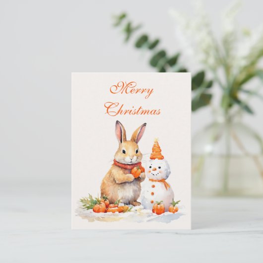Kerst konijntje sneeuwpop wortelen waterverf briefkaart (Staand voorkant)