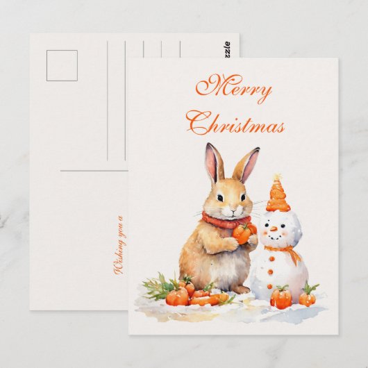 Kerst konijntje sneeuwpop wortelen waterverf briefkaart (Voorkant / Achterkant)