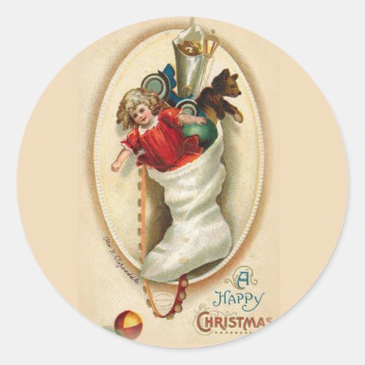 Kerst kous geschenken ronde sticker (Voorkant)