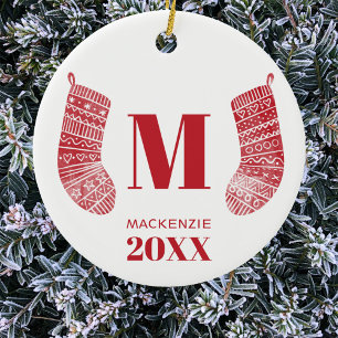 Kerst Kous Monogram Naam Jaar Rood Wit Keramisch Ornament
