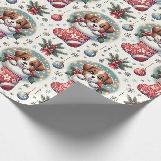 Kerst Kous Puppies Wrapping Papier (Hoek)