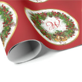 Kerst Krans Bells Holly Pine Monogram Cadeaupapier (Rol Hoek)