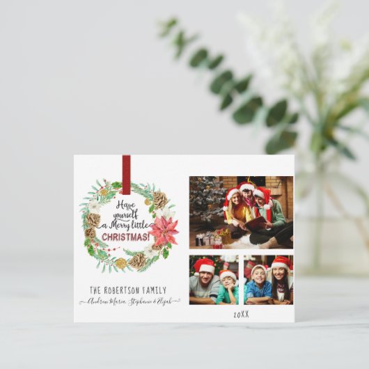 Kerst Krans Bloemen Holly Pine Kegel Foto Feestdagenkaart (Staand voorkant)