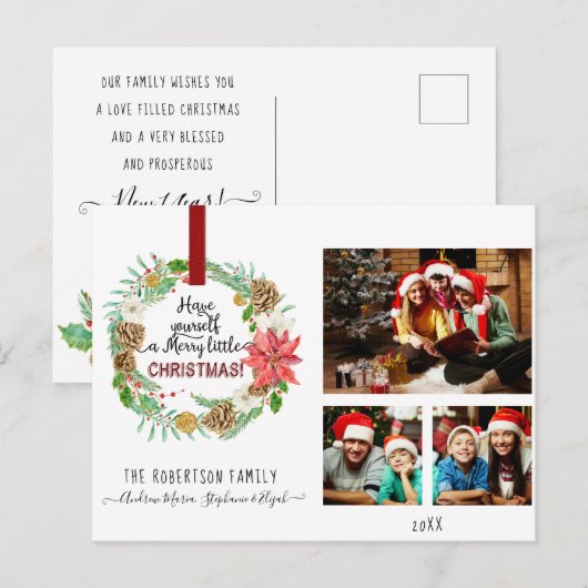Kerst Krans Bloemen Holly Pine Kegel Foto Feestdagenkaart (Voorkant / Achterkant)