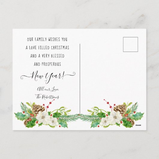 Kerst Krans Bloemen Holly Pine Kegel Foto Feestdagenkaart (Achterkant)
