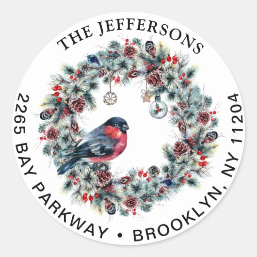 Kerst krans & Bullfinch retour adres label (Voorkant)