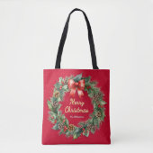 Kerst Krans Feestelijke Rode Aangepaste Naam Tote Bag (Voorkant)