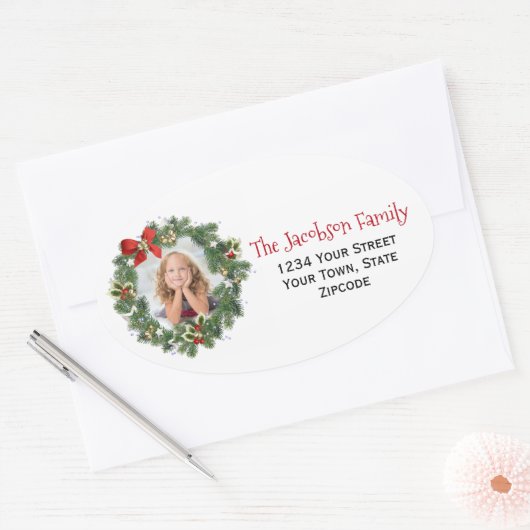 Kerst krans foto oversized retour adres ovale sticker (Envelop)