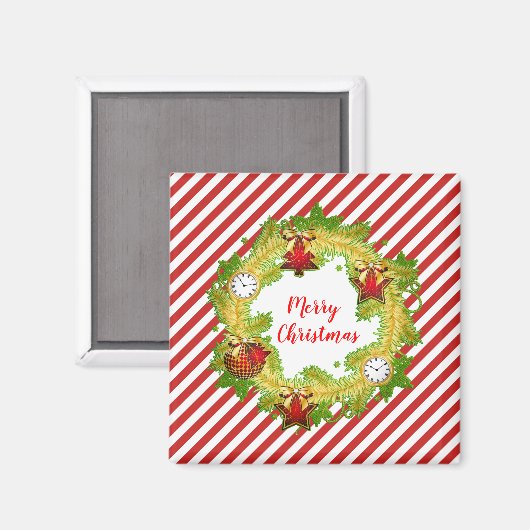 Kerst krans gouden Ornamenten rode strepen Magneet (Voorkant / Achterkant)