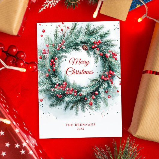 Kerst Krans Groen Botanische Elegant Feestdagenkaart