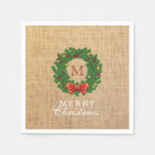 Kerst Krans Monogram Burlap Achtergrond Servet (Voorkant)
