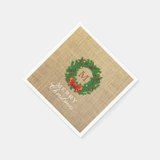 Kerst Krans Monogram Burlap Achtergrond Servet (Hoek)