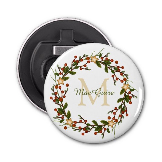 Kerst krans monogram Initiaal Button Flesopener (Voorkant)