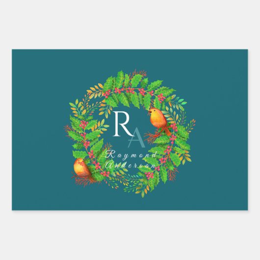 Kerst Krans Monogram Ocean Blue Inpakpapier Vel (Voorkant 3)