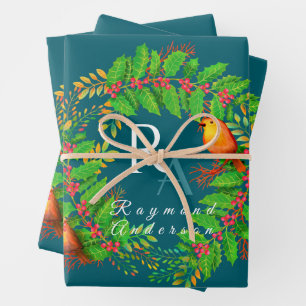 Kerst Krans Monogram Ocean Blue Inpakpapier Vel