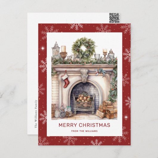 Kerst Krans Open haard Sneeuwvlok Rood Feestdagenkaart (Voorkant / Achterkant)