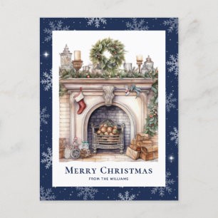 Kerst Krans Open haard Snowflake Blue Feestdagenkaart