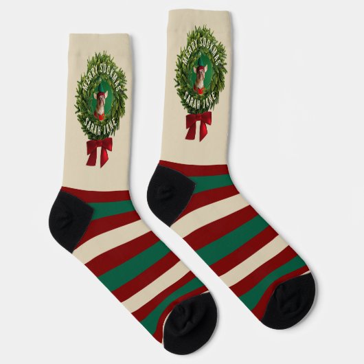 Kerst Krans Pet Foto Gestreepte Kerst Sokken (Rechts)