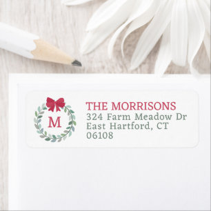 Kerst Krans Red Bow Monogrammed Etiket