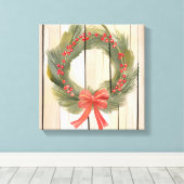 Kerst Krans Red Bow |  Pine Waterverf Canvas Afdruk (Insitu (Houten vloer))