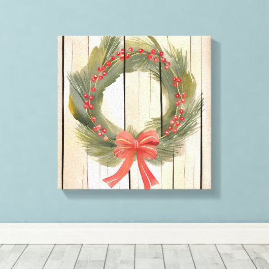 Kerst Krans Red Bow | Pine Waterverf Canvas Afdruk (Insitu (Houten vloer))
