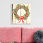 Kerst Krans Red Bow |  Pine Waterverf Canvas Afdruk (Insitu (Woonkamer))