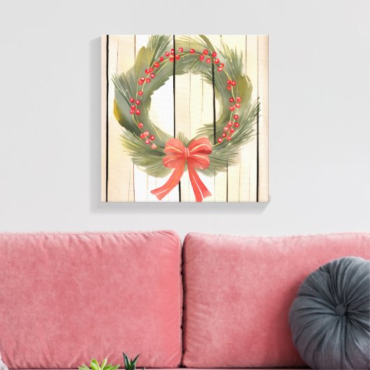 Kerst Krans Red Bow |  Pine Waterverf Canvas Afdruk (Insitu (Woonkamer))