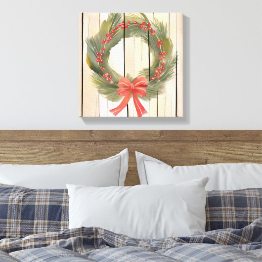Kerst Krans Red Bow | Pine Waterverf Canvas Afdruk (Insitu (Slaapkamer))