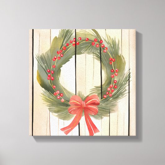 Kerst Krans Red Bow |  Pine Waterverf Canvas Afdruk (Voorkant)