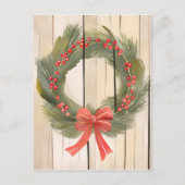 Kerst Krans Red Bow |  Pine Waterverf Feestdagenkaart (Voorkant)