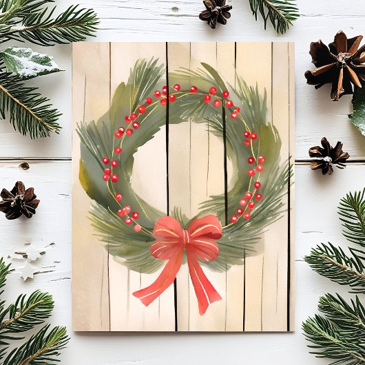 Kerst Krans Red Bow |  Pine Waterverf Feestdagenkaart