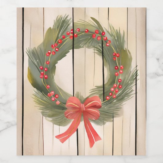 Kerst Krans Red Bow |  Pine Waterverf Wijn Etiket (Enkel label)