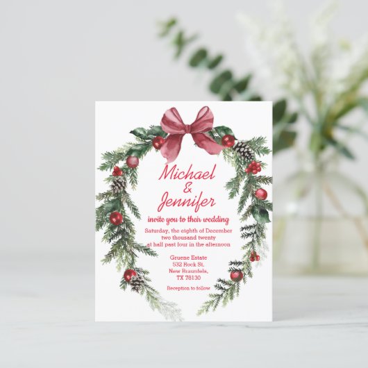 Kerst  krans rode bruiloft uitnodiging (Staand voorkant)