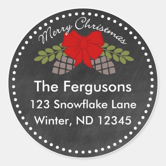 Kerst krijtbord dennen kegels adreslabel ronde sticker (Voorkant)