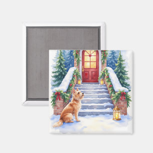 Kerst Kunst met Cesky Terrier op Besneeuwde Trap Magneet