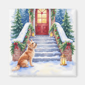 Kerst Kunst met Cesky Terrier op Besneeuwde Trap Magneet (Voorkant)