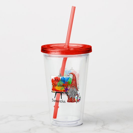 Kerst Kunstenaar Gnome Acryl Drinkbeker (Achterkant)