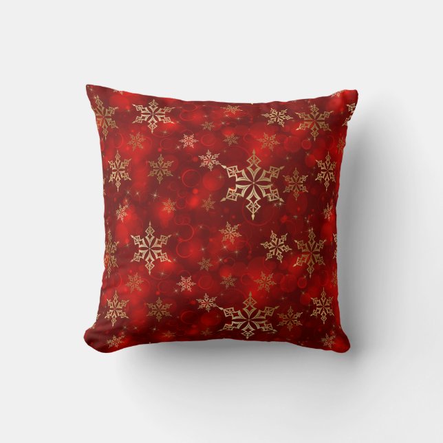 Kerst Kussen-Rood & Goud Sneeuwvlokken Kussen (Voorkant)