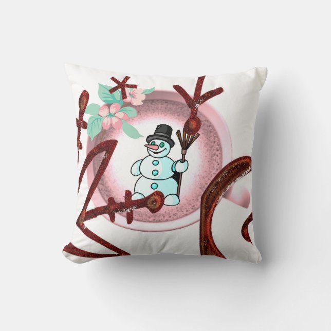 Kerst Kussen, Sneeuwman Bloemstuk Kussen (Voorkant)