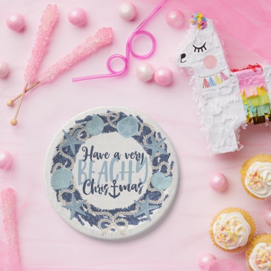 Kerst Kust Tropisch Zee Schelp Krans - Blauw Papieren Bordje (Feest)