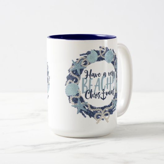 Kerst Kust Tropisch Zee Schelp Krans -Blauw Tweekleurige Koffiemok (Voorkant rechts)