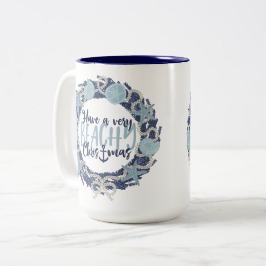 Kerst Kust Tropisch Zee Schelp Krans -Blauw Tweekleurige Koffiemok (Voorkant links)