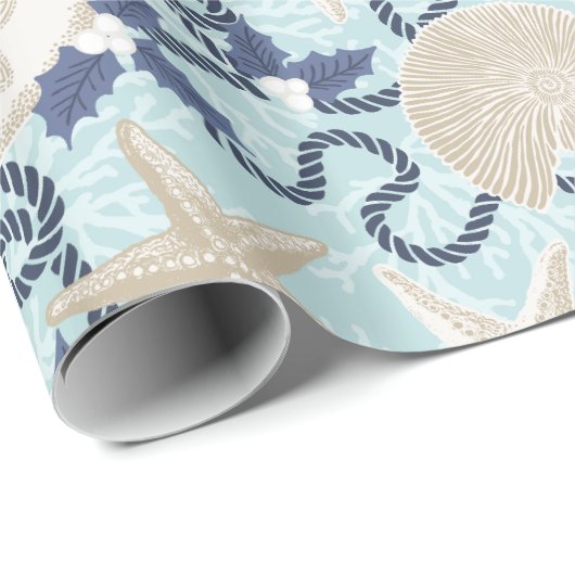 Kerst Kust Tropische Zee Schelpen - Blauw Cadeaupapier (Rol Hoek)