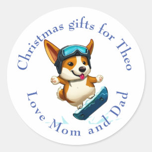 Kerst label stickers Corgi snowboarden