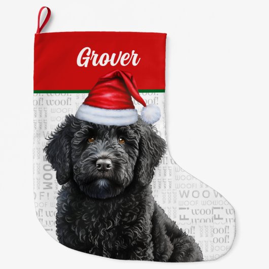 Kerst Labradoodle met naam Woof Achtergrond Grote Kerstsok (Voorkant)