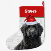 Kerst Labradoodle met naam Woof Achtergrond Grote Kerstsok (Achterkant)